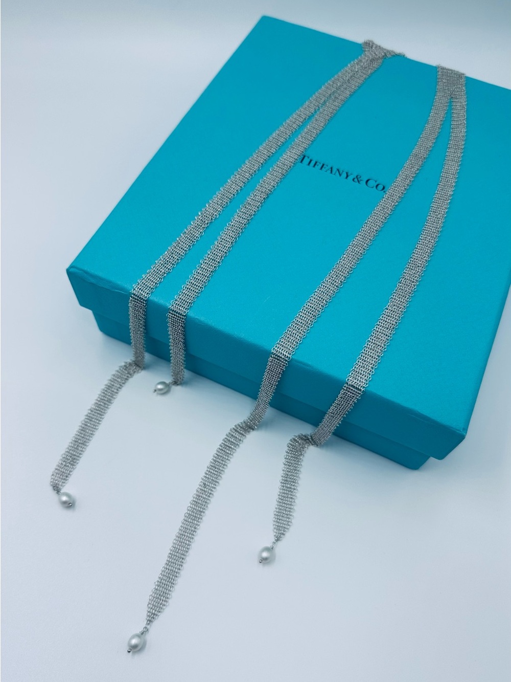 Tiffany & Co. Elsa Peretti Pearl Mesh Scarf Necklace Sterling Silver w Packaging